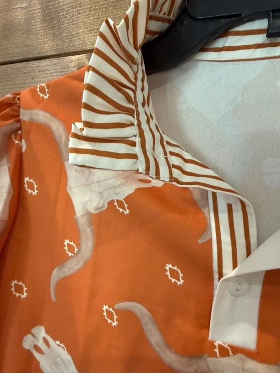 Orange Printed Longhorn Button-Down Blouse - Picture 2 of 7